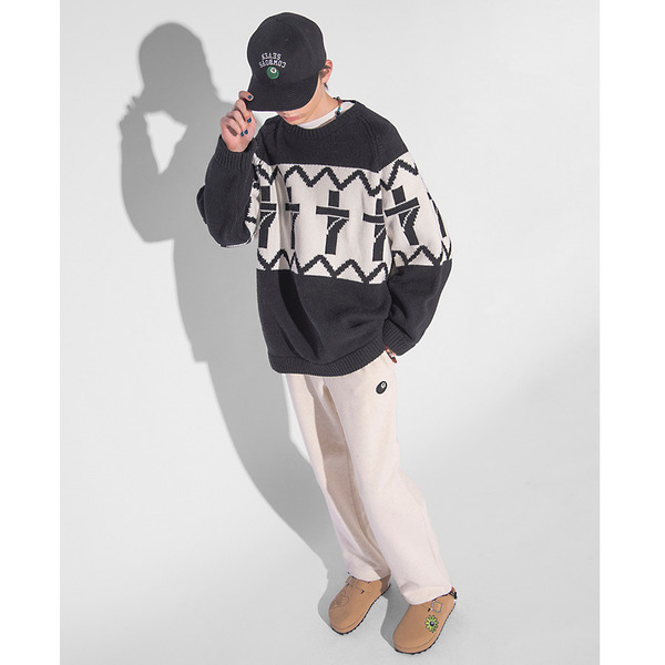 7 Cross Jacquard Knit Pullover Sweater 詳細画像 Black 8
