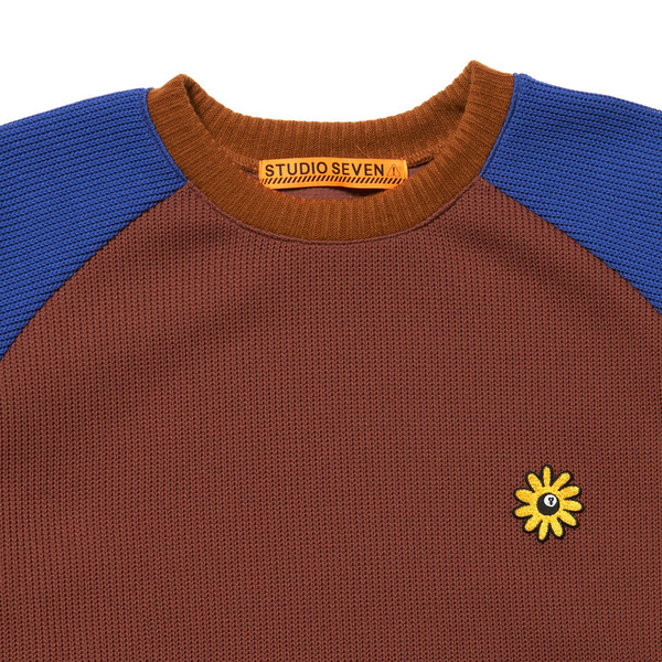 Flower Wappen Switching Pullover Knit Sweater 詳細画像 Brown 6