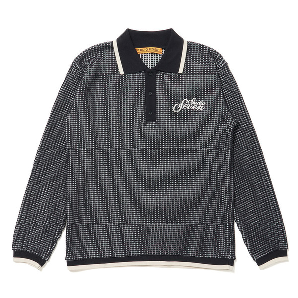 Waffle Knit Half Button Shirt 詳細画像 Black 1